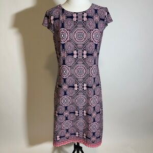 Liz Claiborne Navy Pink Coral Medallion Cap Sleeve Dress Stretch Womens Size 8